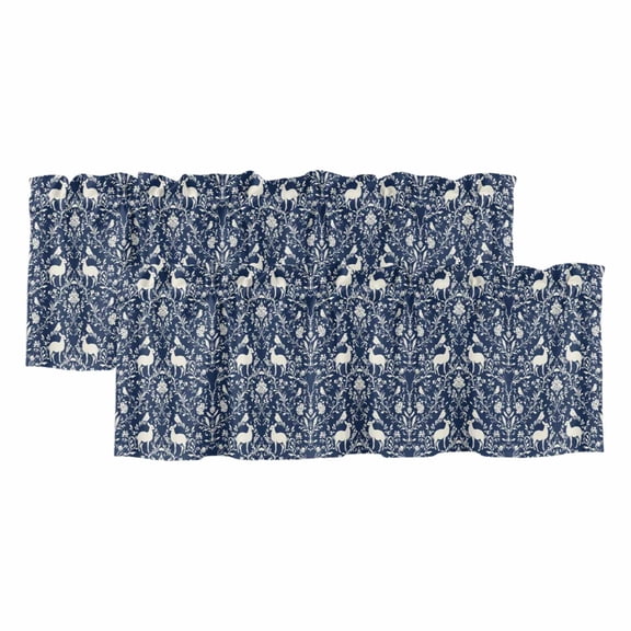 Valances for Windows, Navy Blue Boho Elk Valance Curtains Blackout Drapes for Kitchen/Bathroom/Cafe, Middle Century Vintage Botanical Rod Pocket Window Toppers Valances 2 Pack Clearance 42''x12''