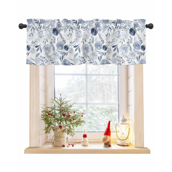 Valances for Windows, Navy Blue Flowers Watercolor Floral Plants Rod Pocket Short Window Valance Curtains Holiday Window Treatment for Kitchen Living Room Bathroom, 54"x18"