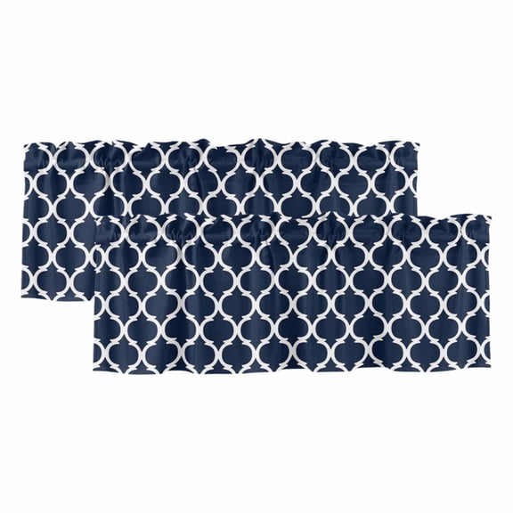 Valances for Windows, Navy Blue Morocco Pattern Valance Curtains Blackout Drapes for Kitchen/Bathroom/Cafe, White Moroccan Geometric Art Rod Pocket Window Toppers Valances 2 Pack Clearance 42''x12''