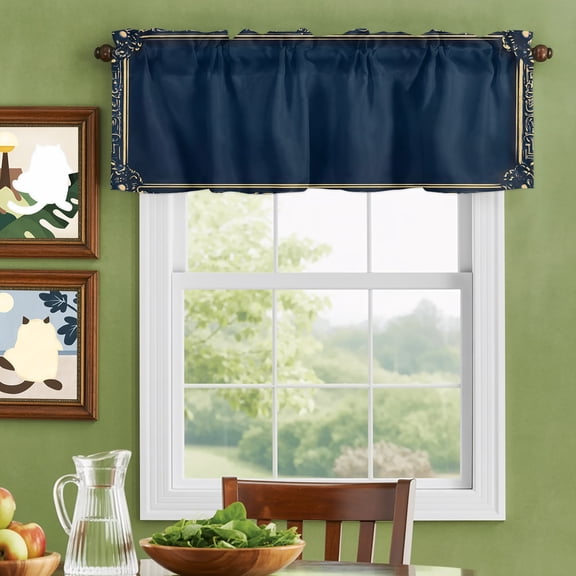 Valances for Windows,Navy Blue Retro Floral Border Kitchen Curtain Valance Short Rod Pocket Panels Classical Small Window Treatment for Living Room Bedroom Bathroom,42"Wx12"L