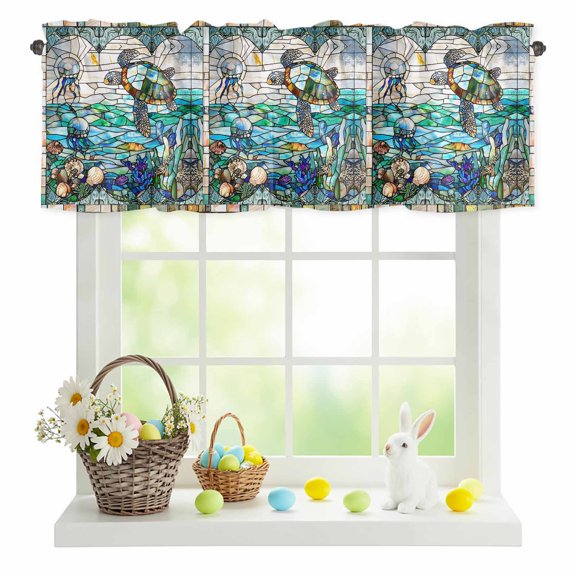 Valances for Windows Ocean Sea Turtle Coral Underwater World Rod Pocket Short Curtain for Bathroom Living Room Bedroom Vintage Window Grilles 1 Panel 42x12in