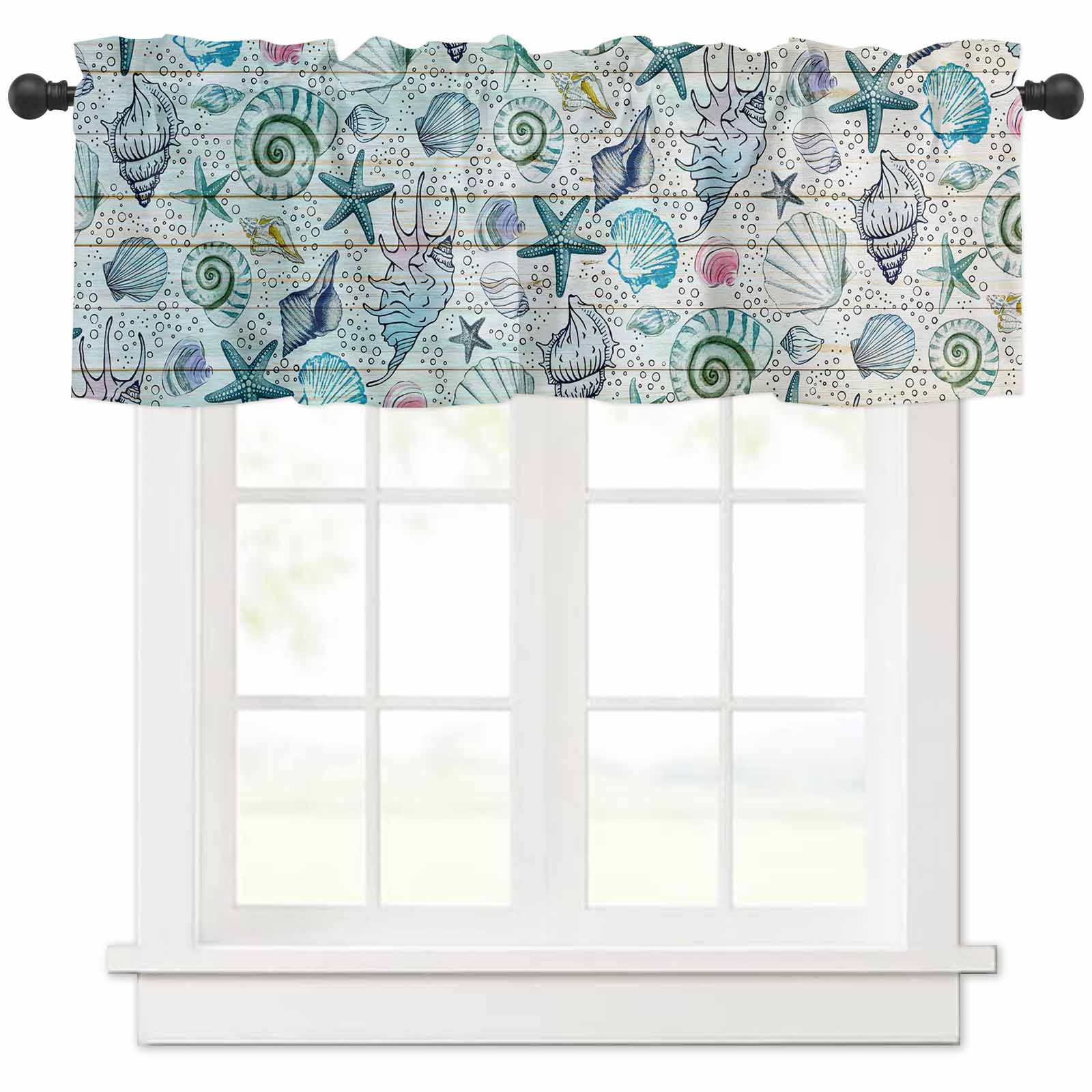Room Window Shell Valances for Windows, Ocean Summer Starfish Couch and Shell Wooden ...