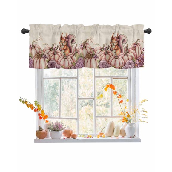 Valances for Windows, Pink Pumpkin Squirrel Fruit Flower Dahlia Linen Thanksgiving Rod Pocket Short Window Valance Curtains Holiday Window Treatment for Kitchen Living Room Bathroom, 60"x18"