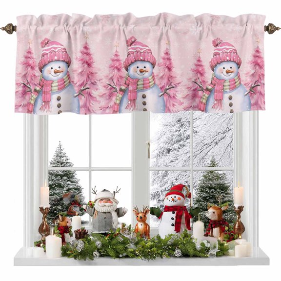 Valances for Windows Pink Snowman Christmas Tree Rod Pocket Short Curtain for bathroom living room bedroom Watercolor Xmas Trees Snowflake 1 Panel 42x12in