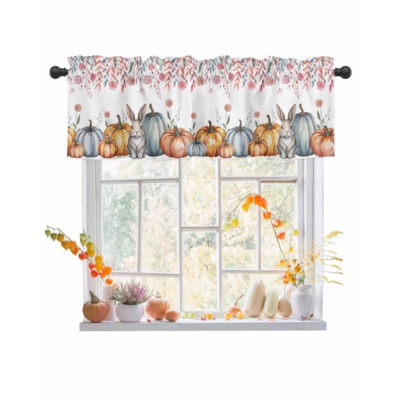 Valances for Windows, Pumpkin Rabbit Thanksgiving Fall Pink Floral Rod Pocket Short Window Valance Curtains Holiday Window Treatment for Kitchen Living Room Bathroom, 42"x12"