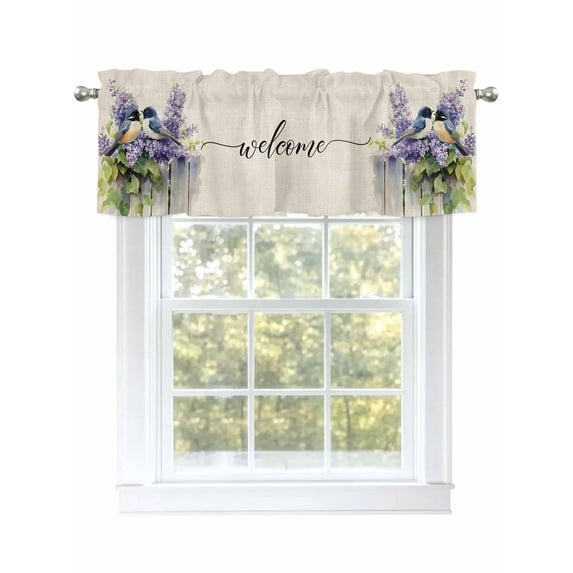 Valances for Windows Purple Lavender Bird Welcome Idyllic Flower Retro Linen Rod Pocket Kitchen Window Curtain Valance, Window Treatment Valance Curtains for Kitchen Living Room Bathroom, 42"x12"