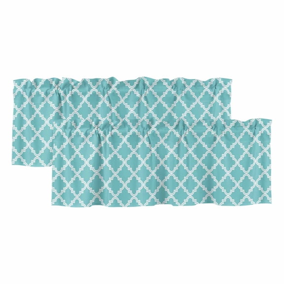Valances for Windows, Quatrefoil Moroccan Pattern Valance Curtains Blackout Drapes for Kitchen/Bathroom/Cafe, Geometric Aqua Morocco Rod Pocket Window Toppers Valances 2 Pack Clearance 42''x12''