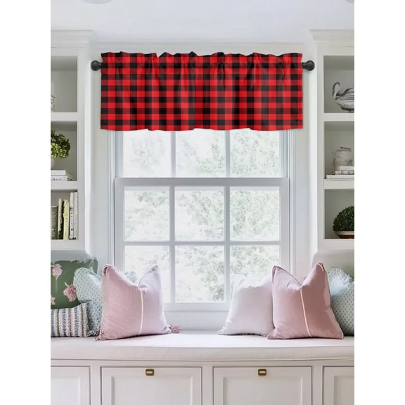 Valances for Windows,Red Black Buffalo Lattice Kitchen Curtain Valance Short Rod Pocket Panels Classic Modern Plaid Small Window Treatment for Living Room Bedroom Bathroom,42"Wx12"L