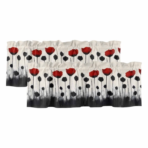 Valances for Windows, Red Black Floral Kitchen Curtains Valances 2 Pack for Living Room Bedroom Bathroom, Vintage Rustic Oil Painting Flowers Light Filtering Curtains Rod Pocket Valance 42"x12"