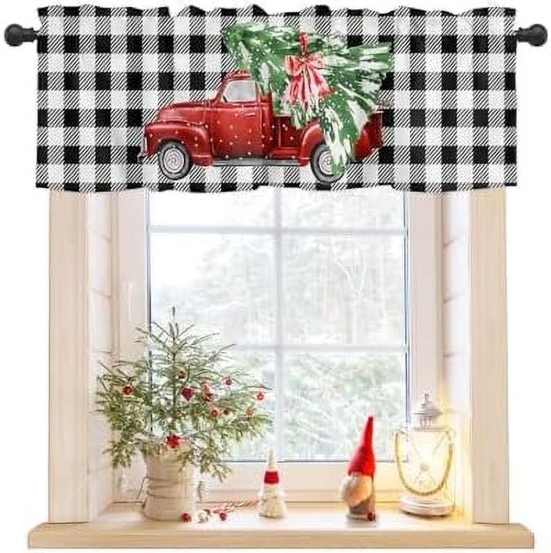 Valances for Windows Red Truck Xmas Tree Christmas Kitchen Curtain ...