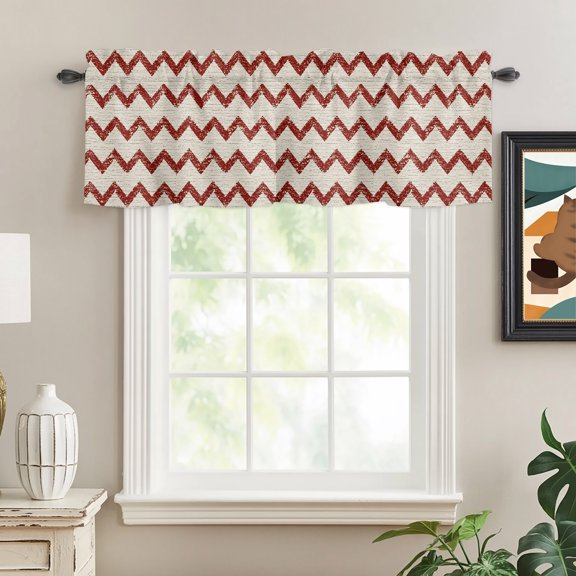 Valances for Windows,Red Zigzag Stripes Kitchen Curtain Valance Short Rod Pocket Panels Off White Linen Texture Background Small Window Treatment for Living Room Bedroom Bathroom,54"Wx18"L