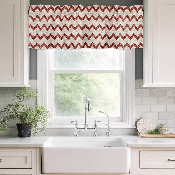 Valances for Windows,Red Zigzag Stripes Kitchen Curtain Valance Short Rod Pocket Panels Off White Linen Texture Background Small Window Treatment for Living Room Bedroom Bathroom,42"Wx12"L