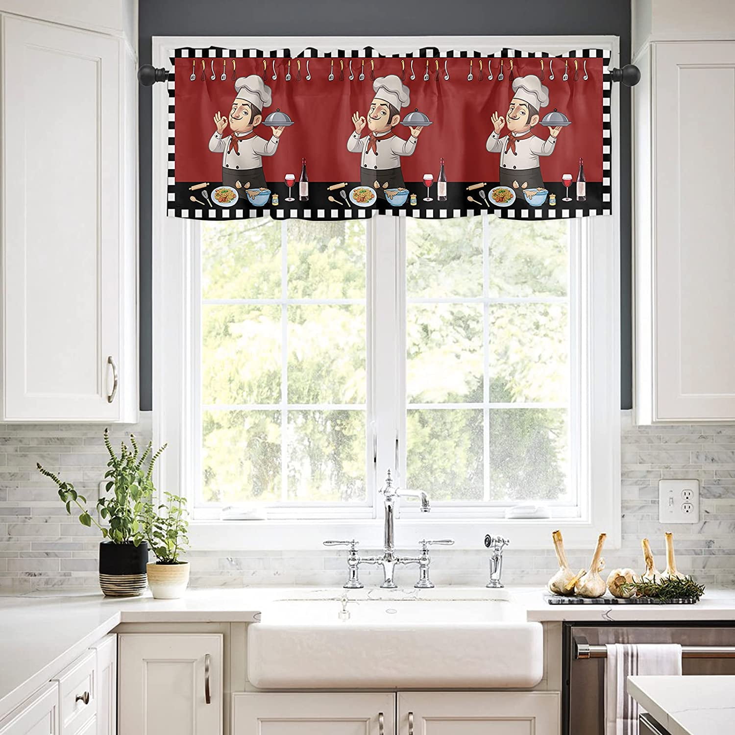 Valances for Windows Retro Cartoon Fat Chef Cook Black Buffalo Check ...
