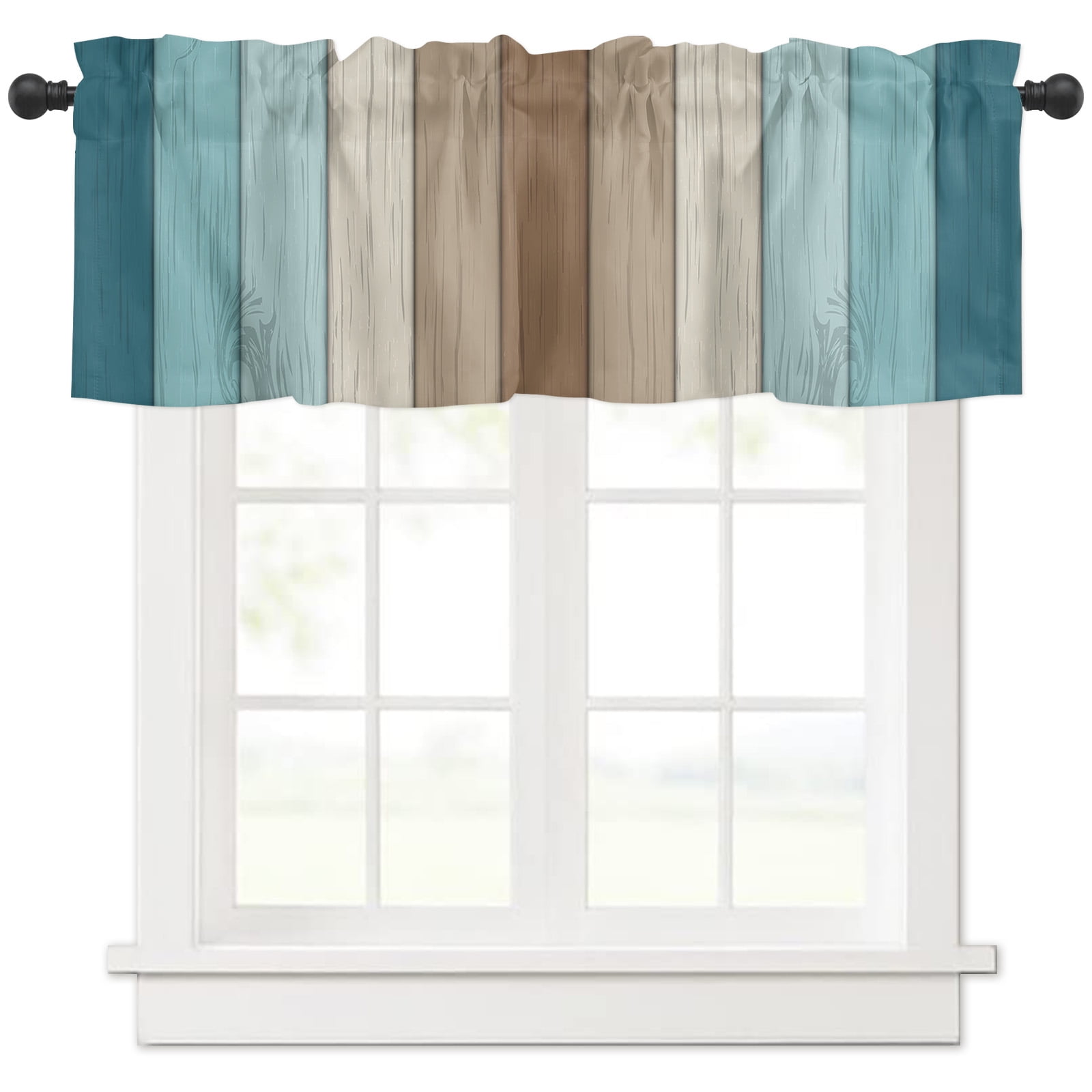 Valances for Windows Retro Farmhouse Blue Green Brown Ombre Wood Grain