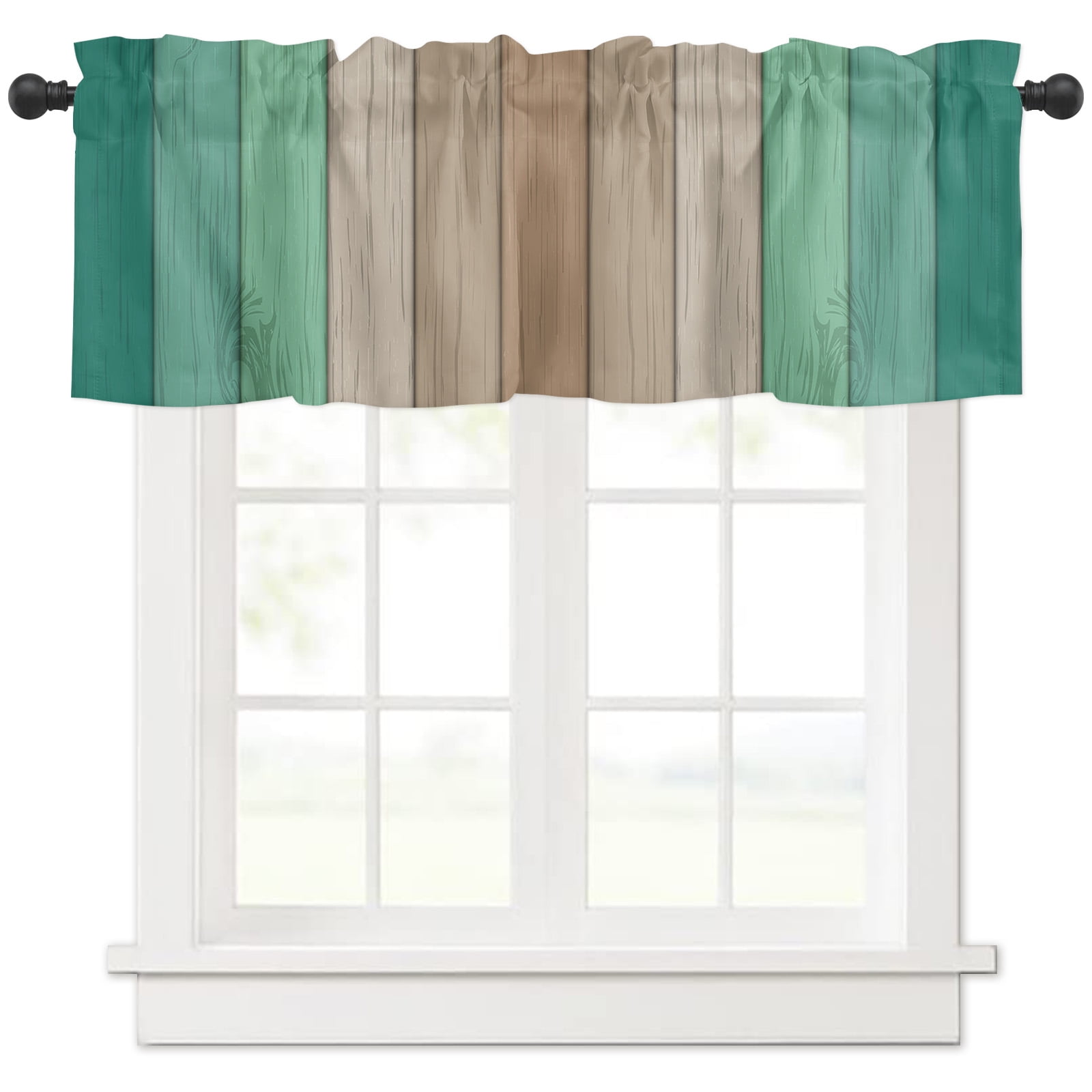 Valances for Windows Retro Farmhouse Teal Turquoise and Brown Ombre Wood Grain Kitchen Curtains