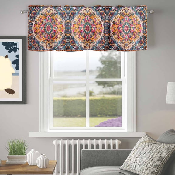Valances for Windows,Retro Medieval Turkish Tattoos Kitchen Curtain Valance Short Rod Pocket Panels Classic Boho Pattern Small Window Treatment for Living Room Bedroom Bathroom,42"Wx12"L