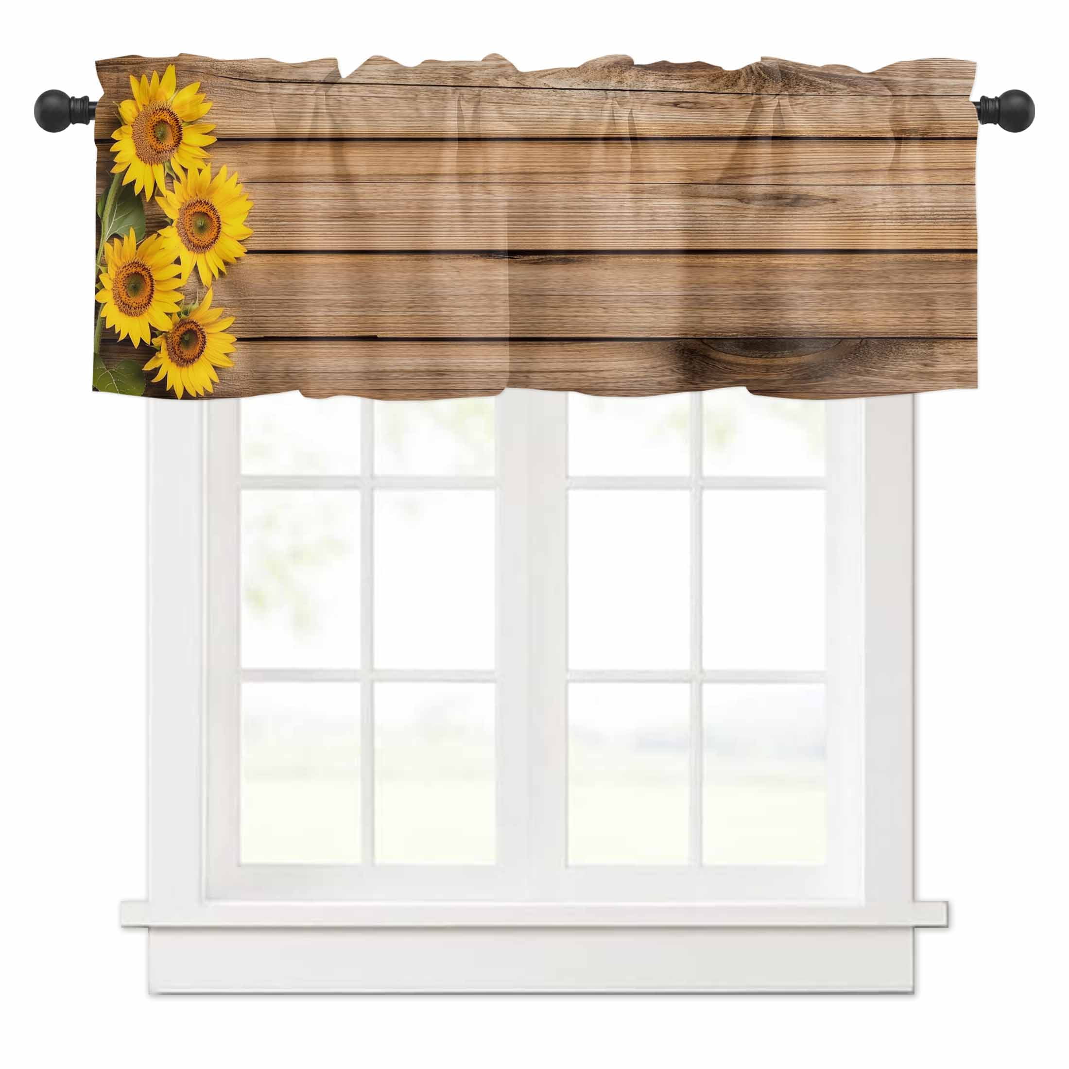 Valances for Windows Retro Sunflowers Rustic Wood Grain Texture ...