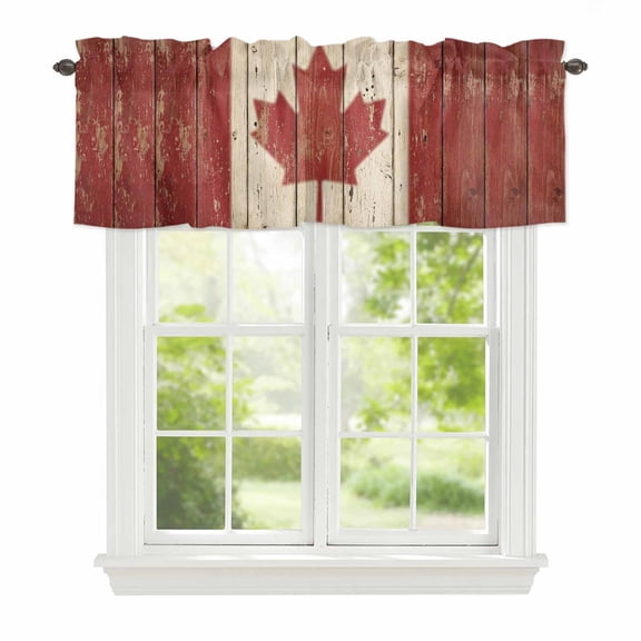 Valances for Windows Retro Wooden Stripes Maple Leafs Rod Pocket Short Curtain for Bathroom Living Room Bedroom Country Red Brown Plank 1 Panel 54x18in