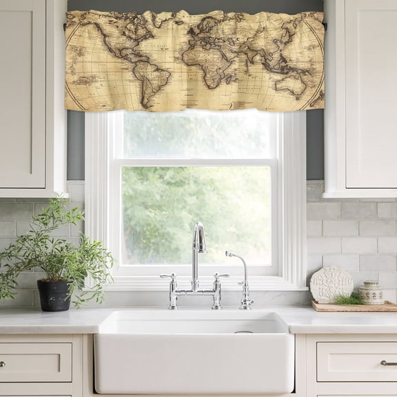 Valances for Windows,Retro Yellow World Map North America Asia Kitchen Curtain Valance Short Rod Pocket Panels Pacific Plate Small Window Treatment for Living Room Bedroom Bathroom,42"Wx12"L