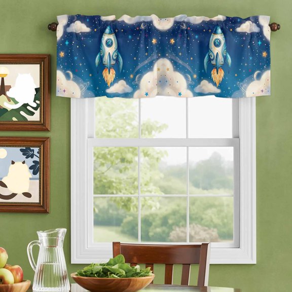 Valances for Windows,Rocket Galaxy Dream Sky Kitchen Curtain Valance Short Rod Pocket Panels Stars Moon Planet Small Window Treatment for Living Room Bedroom Bathroom,42"Wx12"L