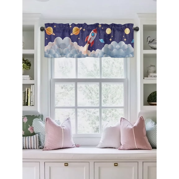 Valances for Windows,Rocket Space Universe Planet Kitchen Curtain Valance Short Rod Pocket Panels Night Star Cartoon Style Small Window Treatment for Living Room Bedroom Bathroom,42"Wx12"L