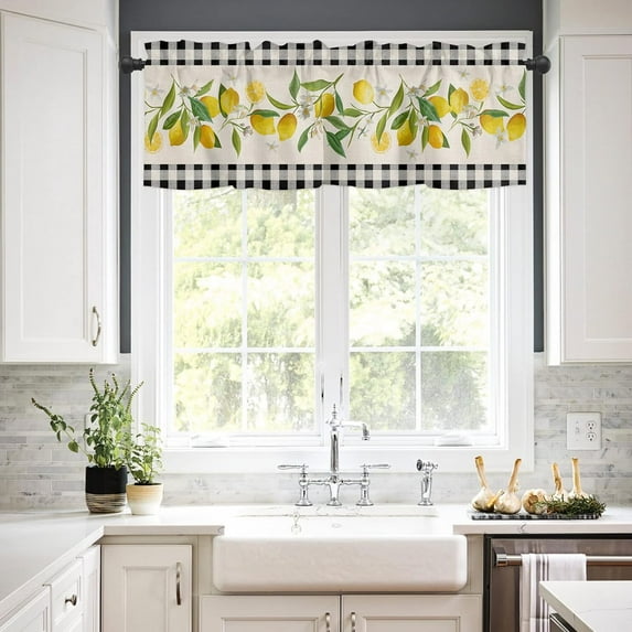 Valances for Windows Rod Pocket Light Filtering Small Window Curtains Rustic Lemons and Flowers Burlap Texture Black and White Plaid Valances for Living Room, Bathroom Window Curtain 54"x18"