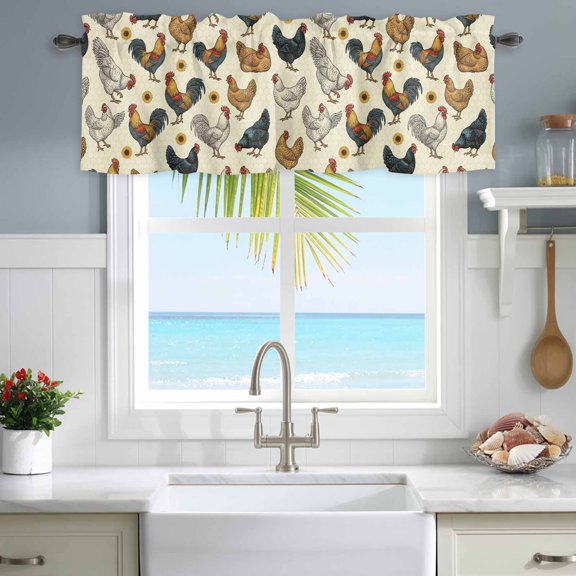 Valances for Windows Rustic Rooster Sunflower Animal Art Rod Pocket Short Curtain for Bathroom Living Room Bedroom Light Yellow Hexagon 1 Panel 42x12in