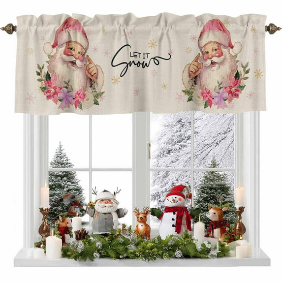Valances for Windows Santa Claus Pink Snowflake Rod Pocket Short Curtain for bathroom living room bedroom Poinsettia Flower Retro Linen 1 Panel 42x12in