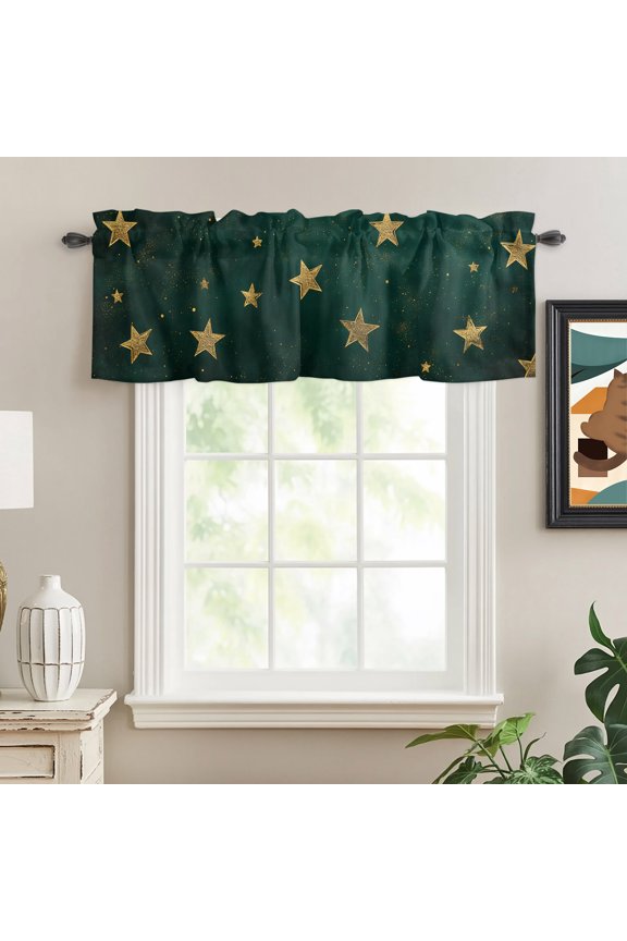 Valances for Windows,Seamless Gold Star on Hunter Green Kitchen Curtain Valance Short Rod Pocket Panels Dream Starry Sky Small Window Treatment for Living Room Bedroom Bathroom,54"Wx18"L