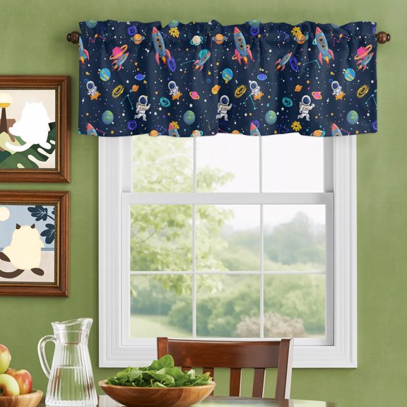 Valances for Windows,Space Planet Cartoon Rocket Kitchen Curtain Valance Short Rod Pocket Panels Stars and Moon on Black Small Window Treatment for Living Room Bedroom Bathroom,42"Wx12"L