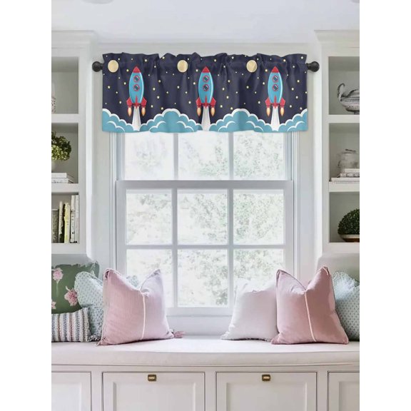 Valances for Windows,Space Rocket Moon Star Kitchen Curtain Valance Short Rod Pocket Panels Cartoon Style Small Window Treatment for Living Room Bedroom Bathroom,42"Wx12"L
