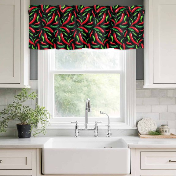 Valances for Windows,Spicy Chili Pepper Pattern Kitchen Curtain Valance Short Rod Pocket Panels Red Green Peppers on Black Small Window Treatment for Living Room Bedroom Bathroom,42"Wx12"L