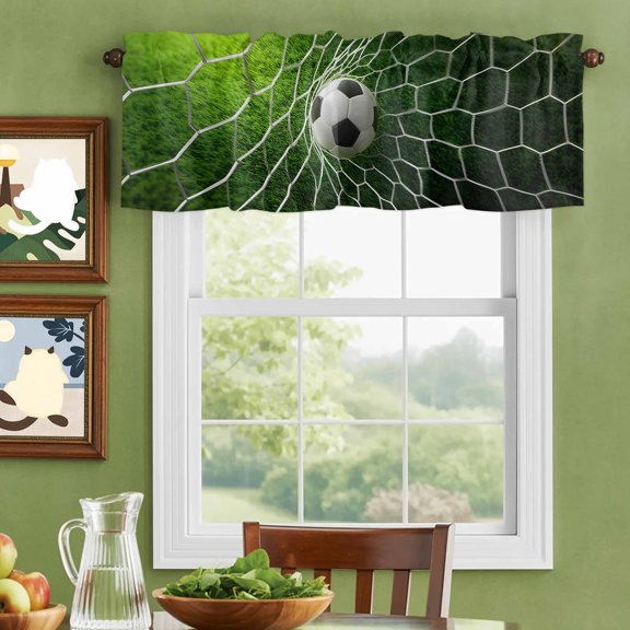 Valances for Windows,Sports Soccer Ball Kitchen Curtain Valance Short Rod Pocket Panels Goal Net Green Grass Small Window Treatment for Living Room Bedroom Bathroom,42"Wx12"L