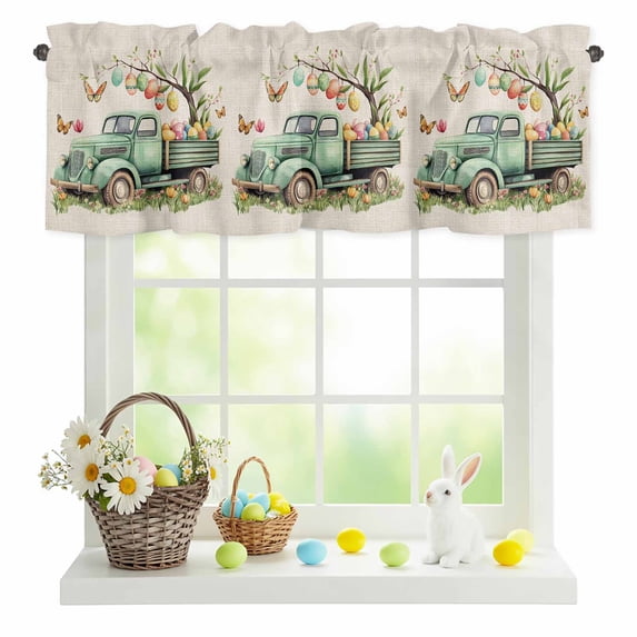Valances for Windows Spring Easter Egg Green Truck Rod Pocket Short Curtain for Bathroom Living Room Bedroom Flower Tree Butterfly on Flax 1 Panel 42x12in