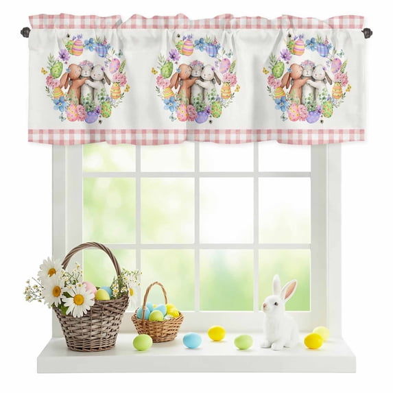 Valances for Windows Spring Easter Eggs Three Rabbit Flower Leaves Rod Pocket Short Curtain for Bathroom Living Room Bedroom Pink Plaid 1 Panel 54x18in