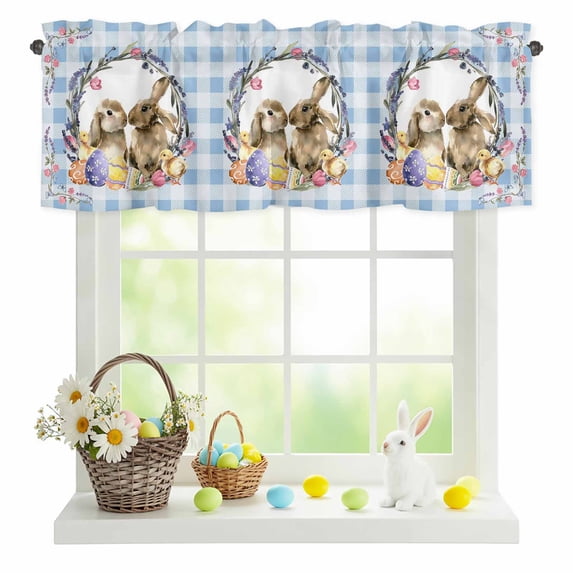 Valances for Windows Spring Easter Rabbit Eggs Chicken Rod Pocket Short Curtain for Bathroom Living Room Bedroom Flower Butterfly on Blue Grid 1 Panel 54x18in