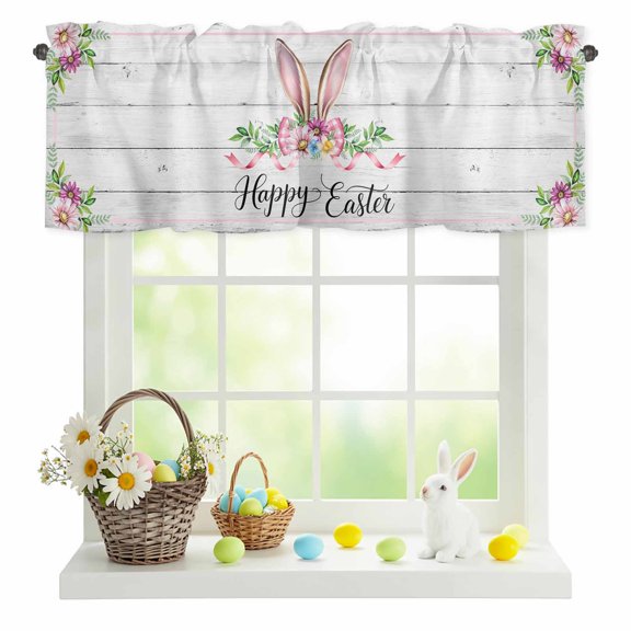 Valances for Windows Spring Flower Easter Rabbit Ear Rod Pocket Short Curtain for Bathroom Living Room Bedroom Country Plant Wood Board 1 Panel 42x12in