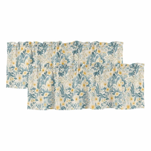 Valances for Windows, Spring Meadow Blooms Valance Curtains Blackout Drapes for Kitchen/Bathroom/Cafe, Teal Yellow Botanical Rod Pocket Window Toppers Valances 2 Pack Clearance 54''x18''