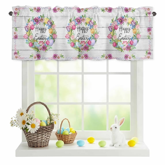 Valances for Windows Spring Tulip Colorful Flower Rod Pocket Short Curtain for Bathroom Living Room Bedroom Easter Egg Rustic Wood Board 1 Panel 54x18in