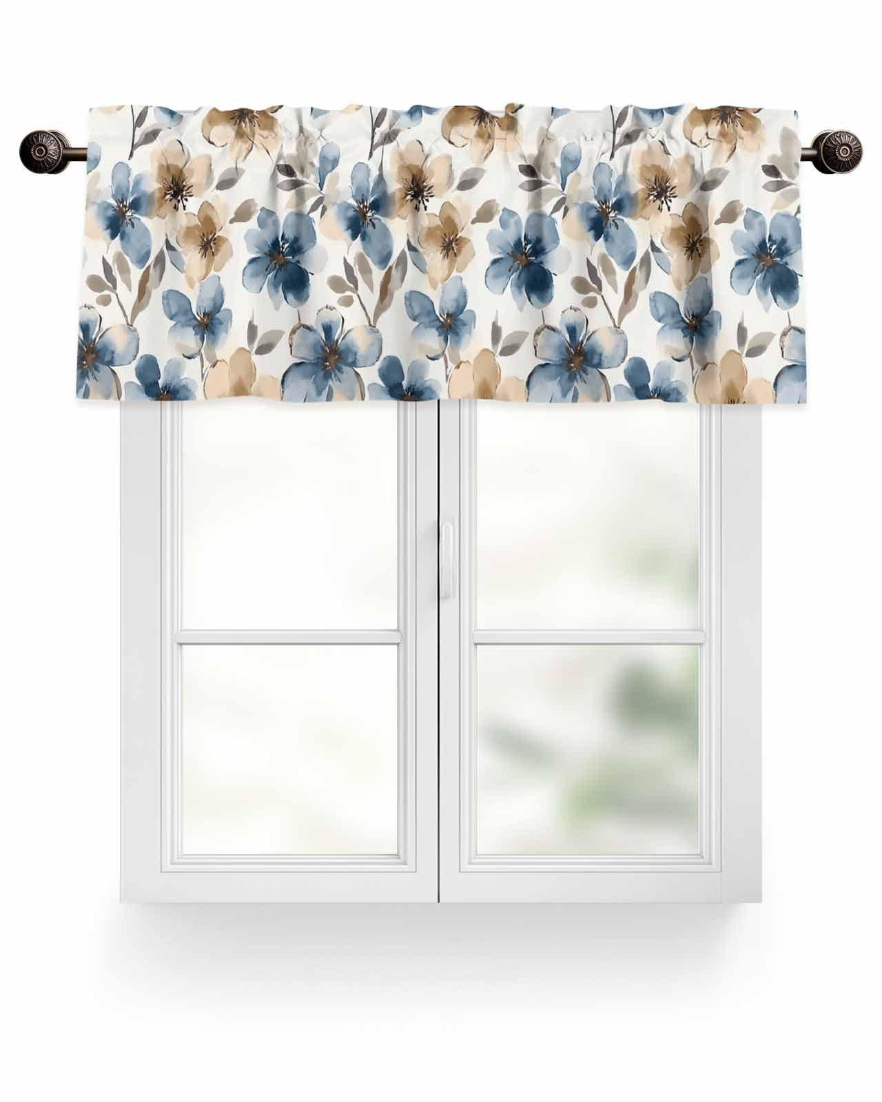 Valances for Windows Spring Watercolor Brown Dark Blue Flower Garden