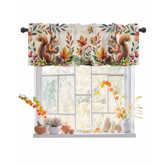 Valances for Windows, Squirrel Pine Cone Fall Maple Leaf Berry Thanksgiving Linen Rod Pocket Short Window Valance Curtains Holiday Window Treatment for Kitchen Living Room Bathroom, 54"x18"