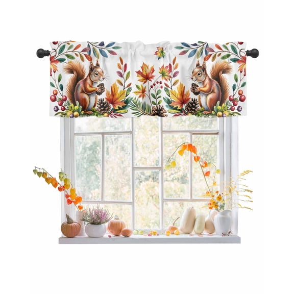 Valances for Windows, Squirrel Pine Cone Fall Maple Leaf Berry Thanksgiving Rod Pocket Short Window Valance Curtains Holiday Window Treatment for Kitchen Living Room Bathroom, 60"x18"