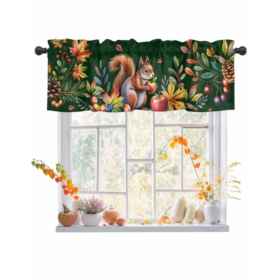 Valances for Windows, Squirrel Pine Cone Maple Leaf Fruit Fall Thanksgiving Green Rod Pocket Short Window Valance Curtains Holiday Window Treatment for Kitchen Living Room Bathroom, 54"x18"