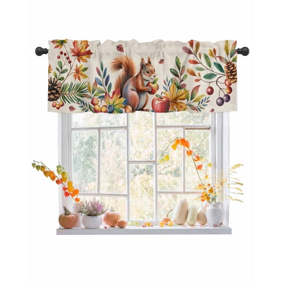 Valances for Windows, Squirrel Pine Cone Maple Leaf Fruit Fall Thanksgiving Linen Rod Pocket Short Window Valance Curtains Holiday Window Treatment for Kitchen Living Room Bathroom, 42"x18"