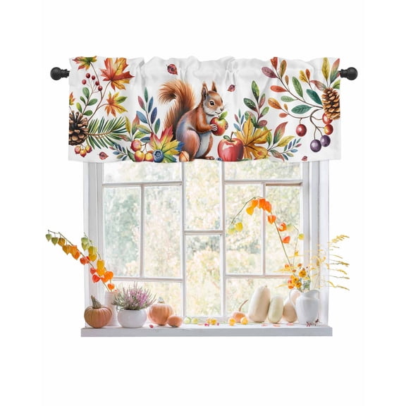 Valances for Windows, Squirrel Pine Cone Maple Leaf Fruit Fall Thanksgiving Rod Pocket Short Window Valance Curtains Holiday Window Treatment for Kitchen Living Room Bathroom, 60"x18"