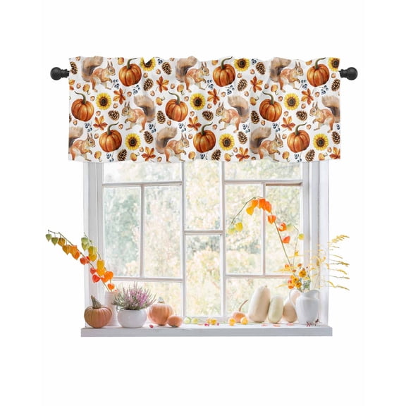 Valances for Windows, Squirrel Pumpkin Maple Leaf Sunflower Pine Cone Fall Rod Pocket Short Window Valance Curtains Holiday Window Treatment for Kitchen Living Room Bathroom, 54"x18"
