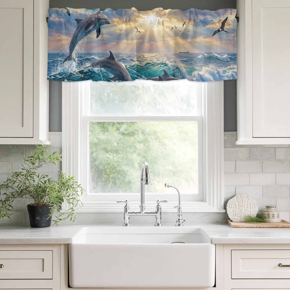 Valances for Windows,Summer Jumping Dolphins Seagull Kitchen Curtain Valance Short Rod Pocket Panels Coastal Ocean Sceneric Small Window Treatment for Living Room Bedroom Bathroom,42"Wx12"L