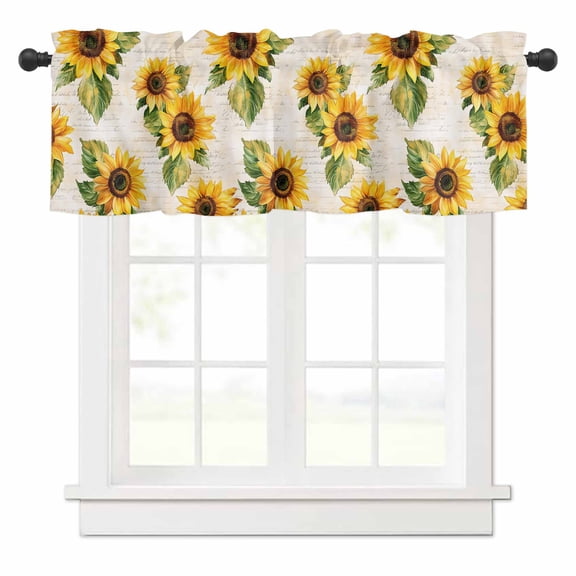 Valances for Windows Summer Sunflower Yellow Flower Leaf Old Newspaper Valance Rod Pocket Window Treatments Curtains for Kitchen Small Windows Living Room Bedroom Bathroom, 42"x12"