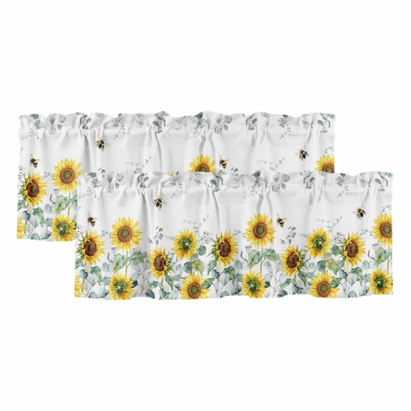 Valances for Windows, Sunflower Kitchen Curtains Valances 2 Pack for Living Room Bathroom, Sage Green Summer Botanical Eucalyptus Farmhouse Bee Light Filter Curtains Rod Pocket Valance 42"x12"