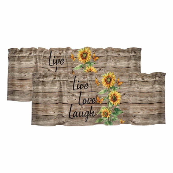 Valances for Windows, Sunflower Rustic Kitchen Curtains Valances 2 Pack for Living Room Bedroom Bathroom, Vintage Wooden Flowers Butterfly Light Filtering Curtains Rod Pocket Valance 42"x12"